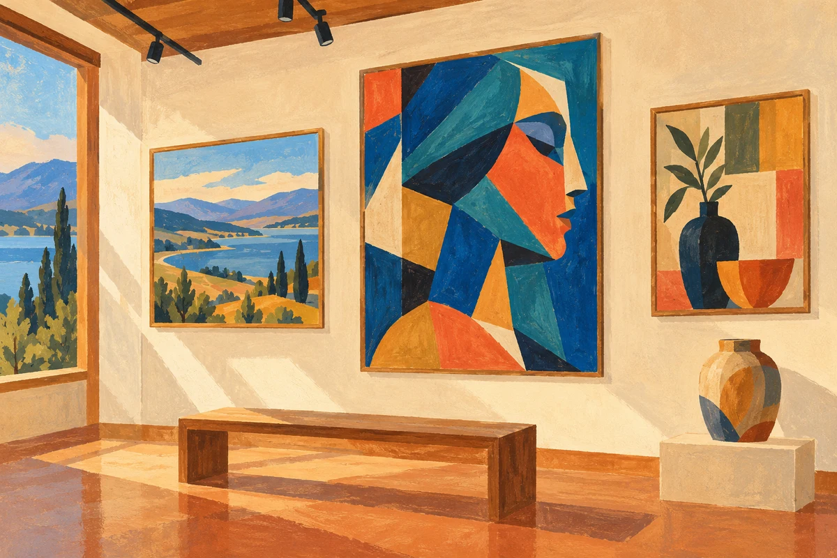 Painted gallery with an angular blue and coral portrait, a lake landscape, a still life and ceramics.