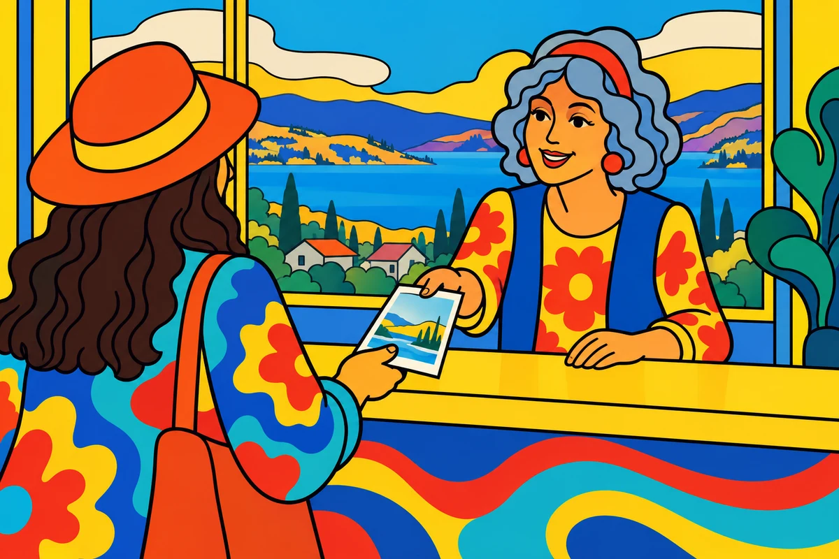 A community volunteer offers a visitor a leaflet at a colourful public-service counter.