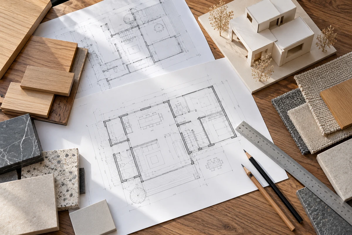 Housing plans, a model and building materials.