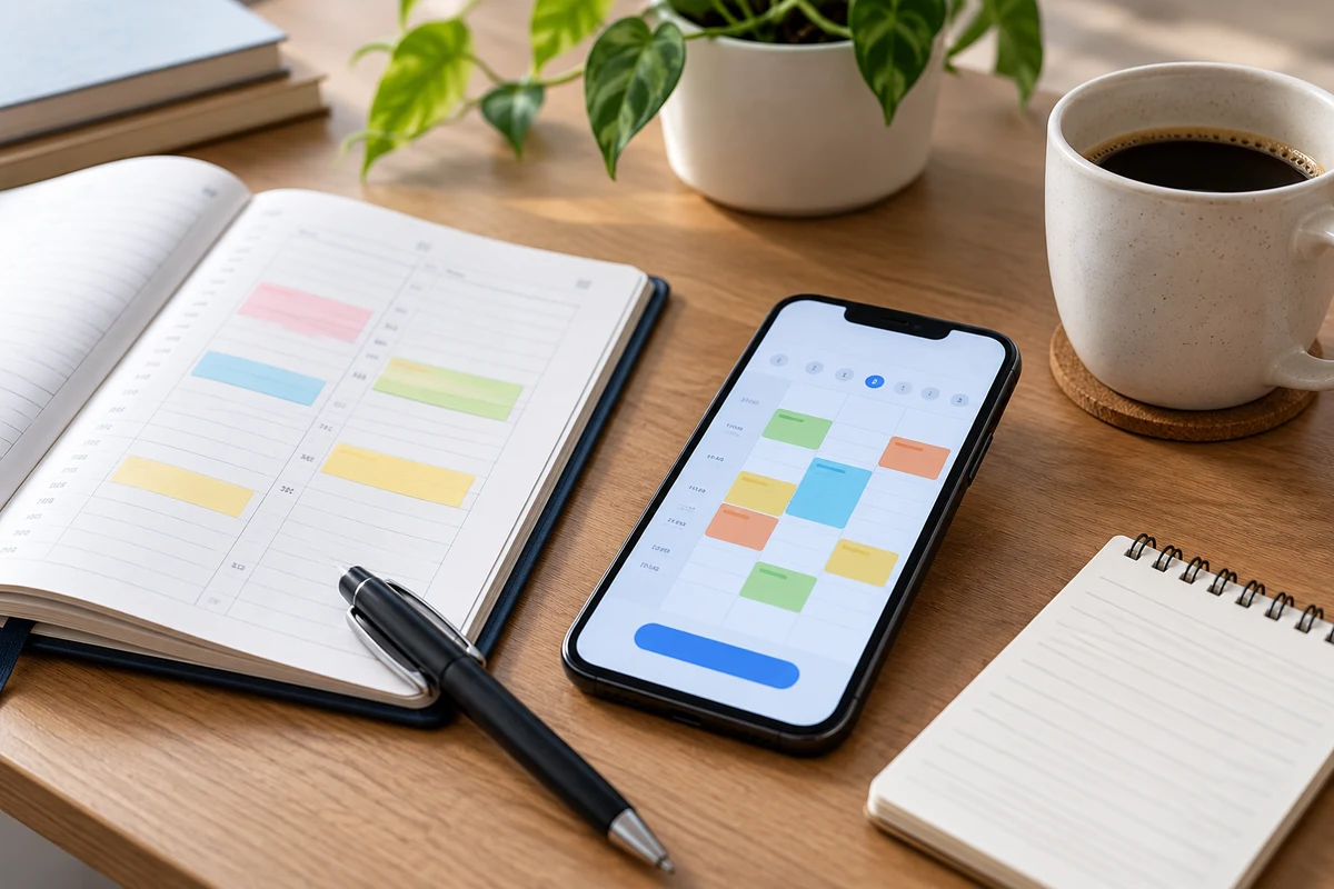 A phone and appointment diary on a desk.