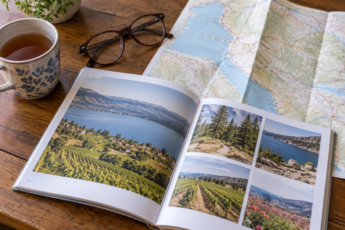 An open local guide, map and glasses on a table.