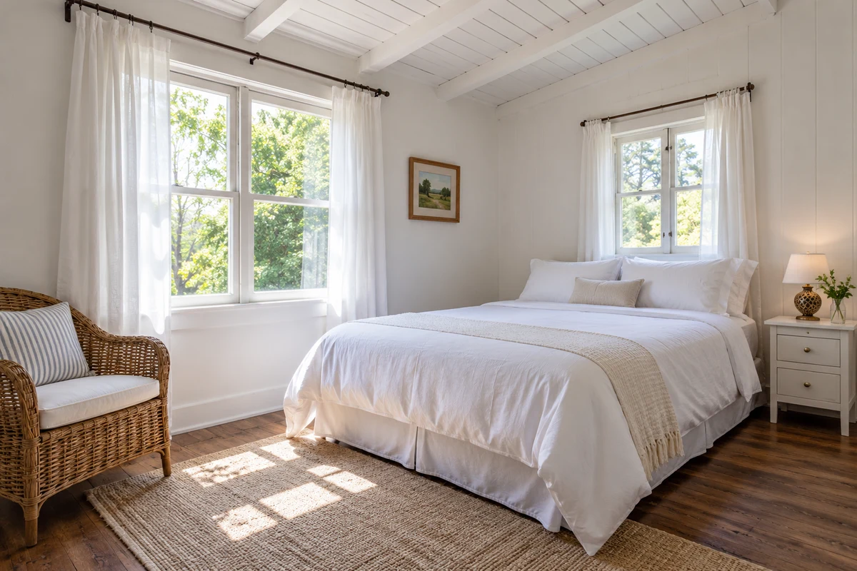 A guest room with a bed and chair.