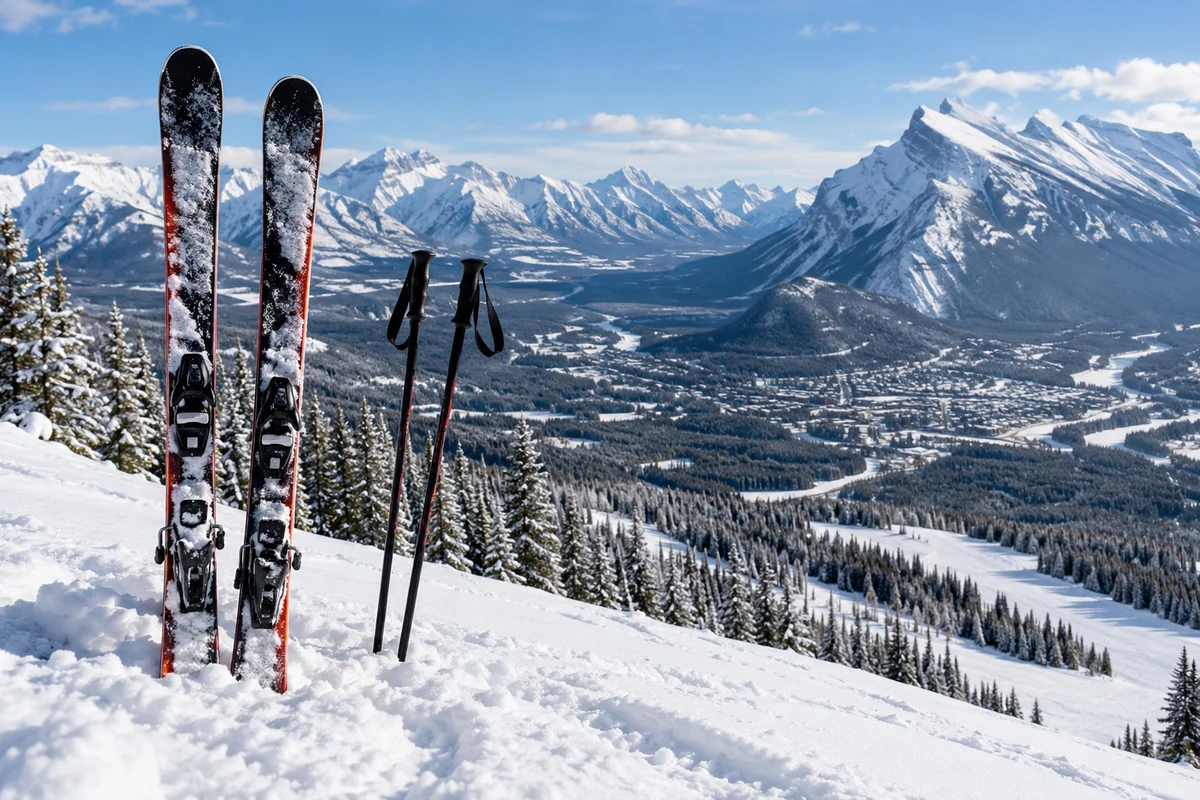 Skis and poles in fresh snow overlooking a mountain ski slope.