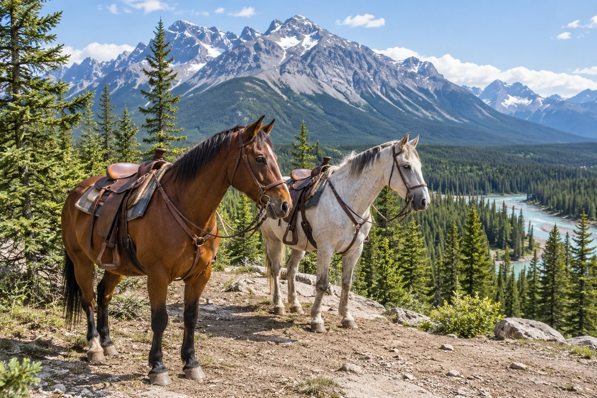 Two saddled horses resting beside a mountain trail.
