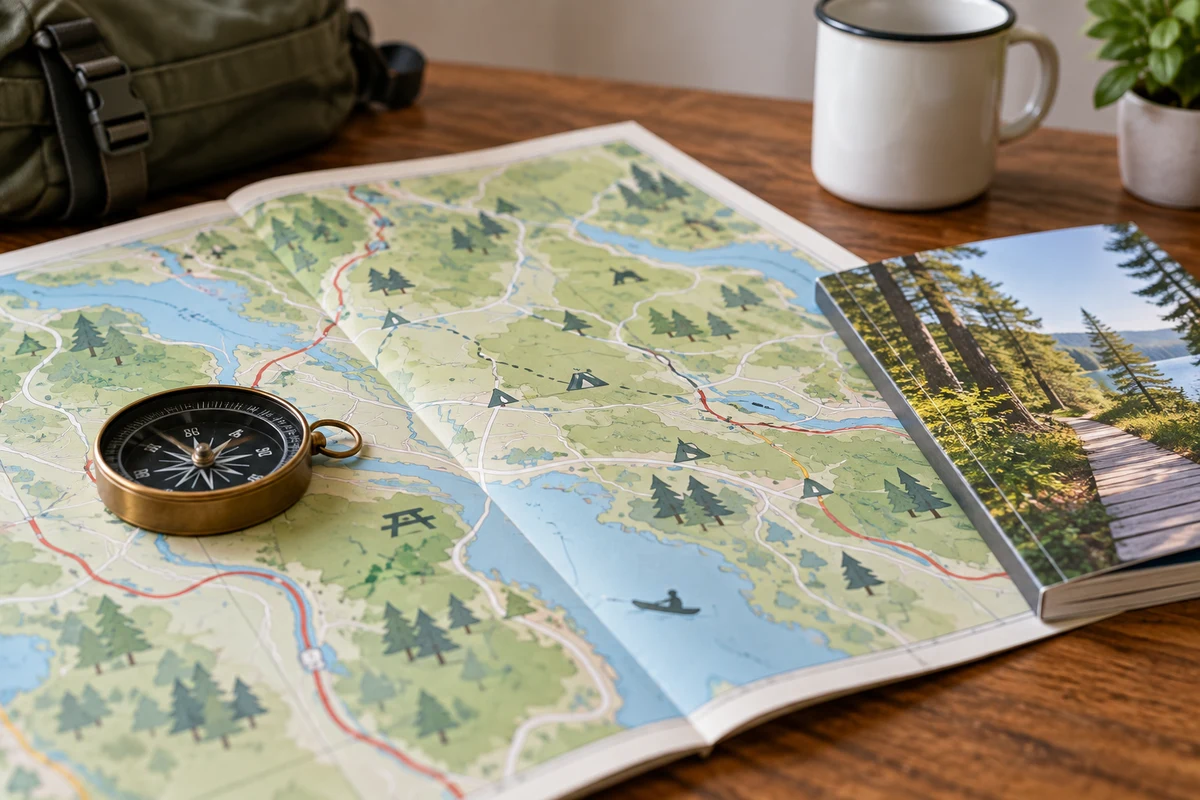 An open illustrated map on a desk with a compass and local guide booklet.