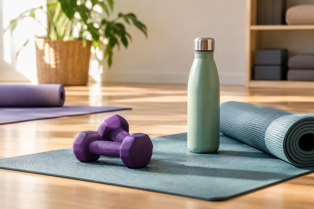 Yoga mats, hand weights and a water bottle in a sunlit exercise studio.
